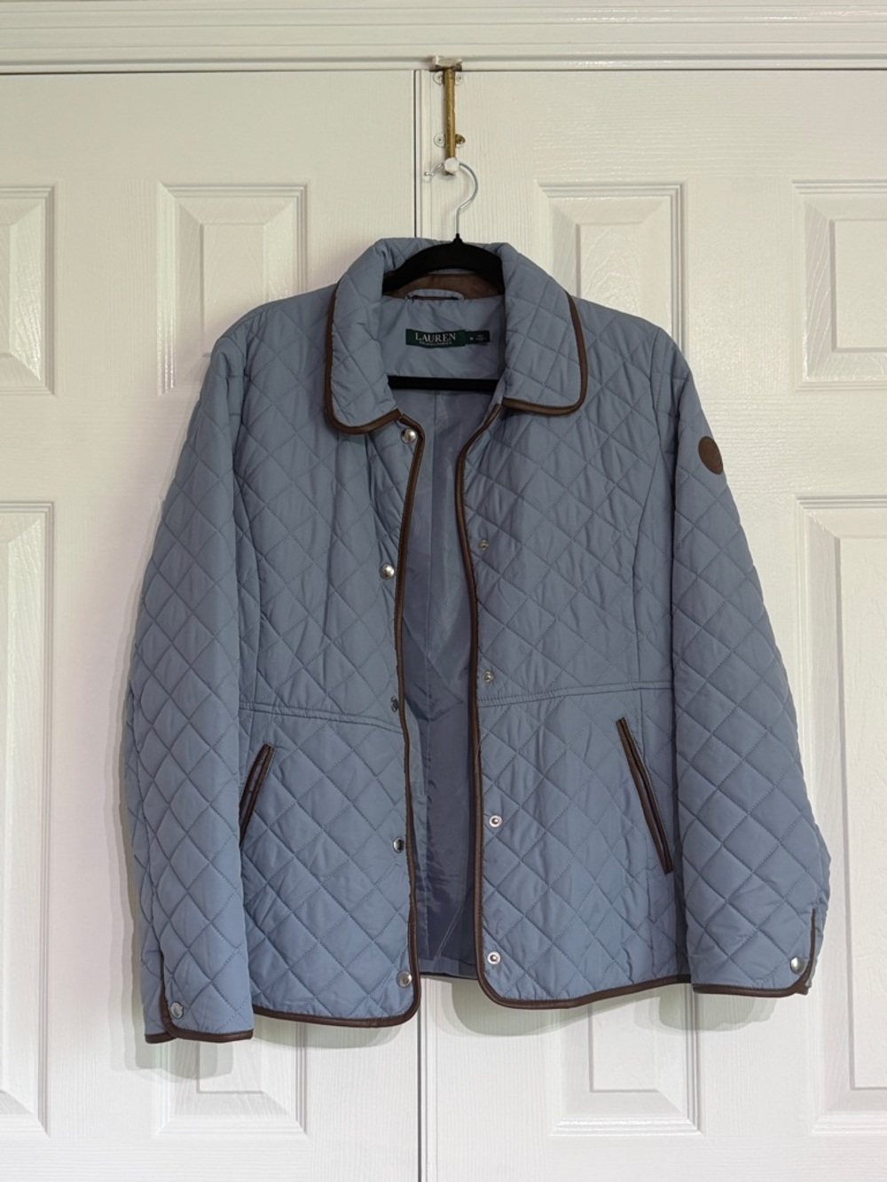 Lauren Ralph Lauren light blue quilted jacket featuring brown faux leather trim